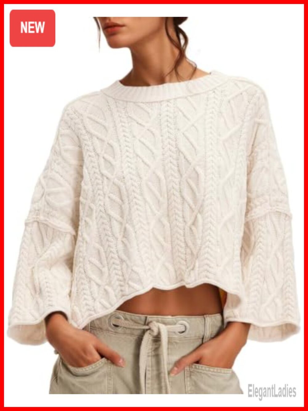 Womens Cable Knit Cropped Sweater Oversized Long Sleeve Pullover